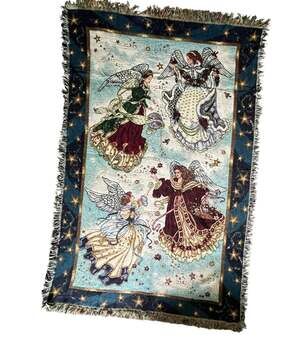 Angel tapestry blanket, celestial, stars border, woven, fringed, 44" x 68"